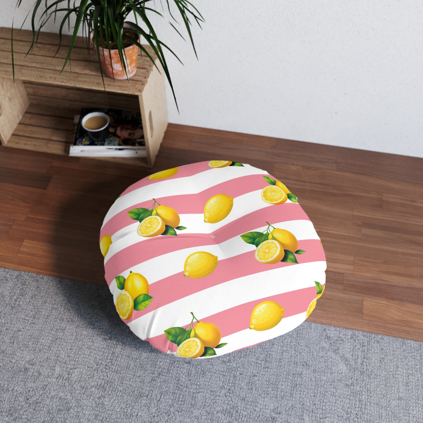 Lemon Stripes Round Tufted Floor Pillow