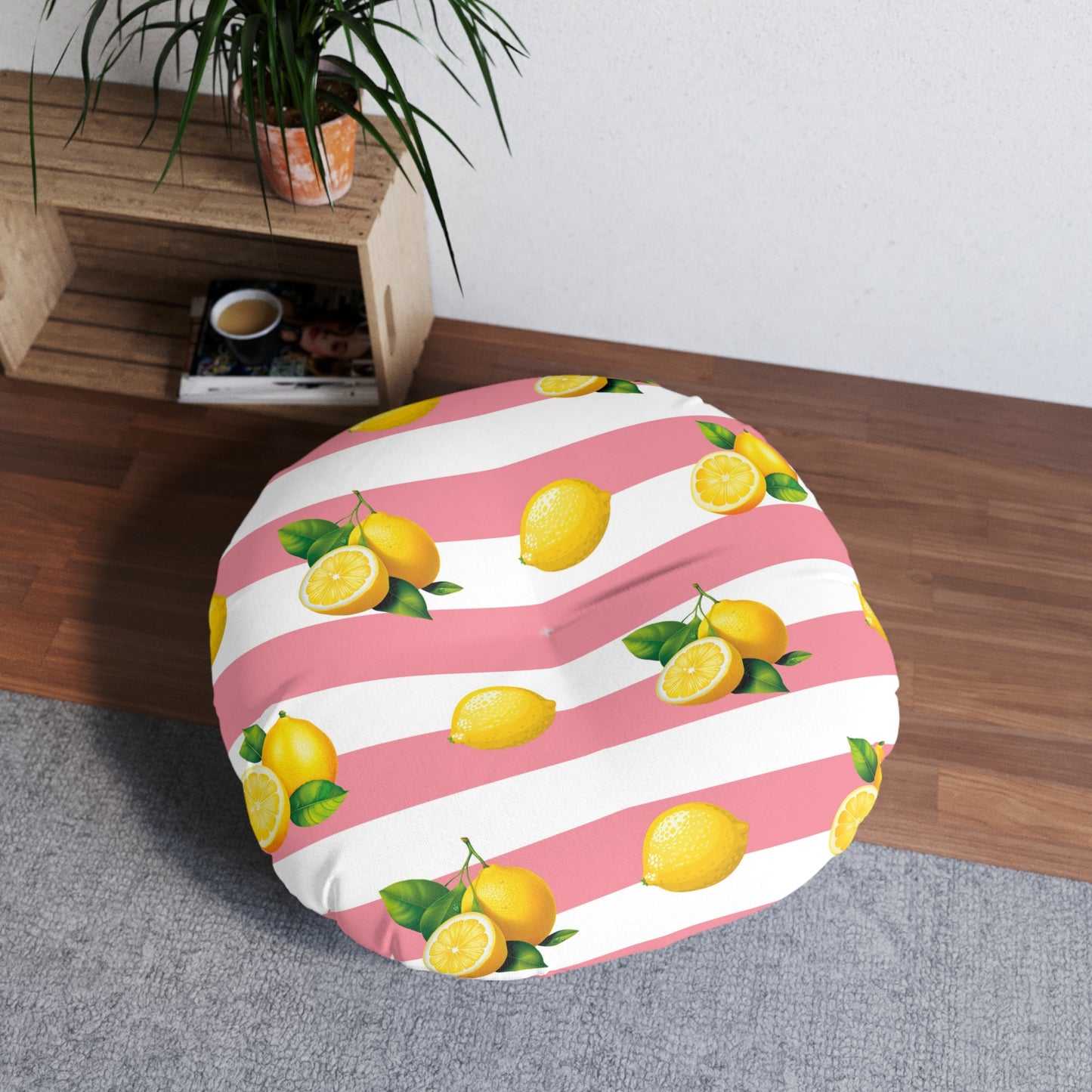 Lemon Stripes Round Tufted Floor Pillow